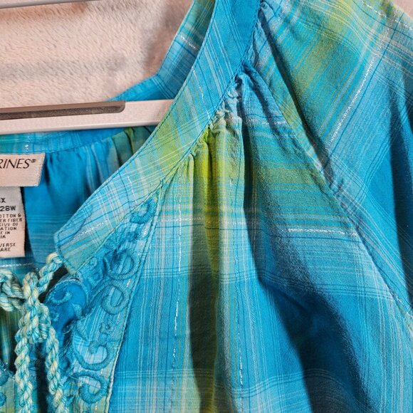 Catherines Plaid Peasant Top Womens 3X Turquoise Green silver Embroidery peasant - Picture 5 of 13